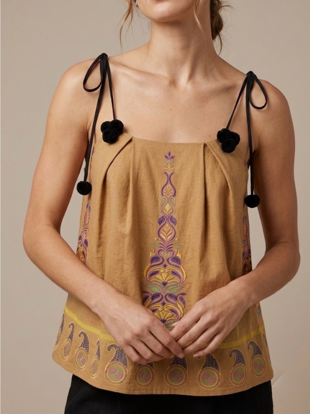 Endless Rose Boho Embroidered Paisley Babydoll Top - Size M - Tan/Camel